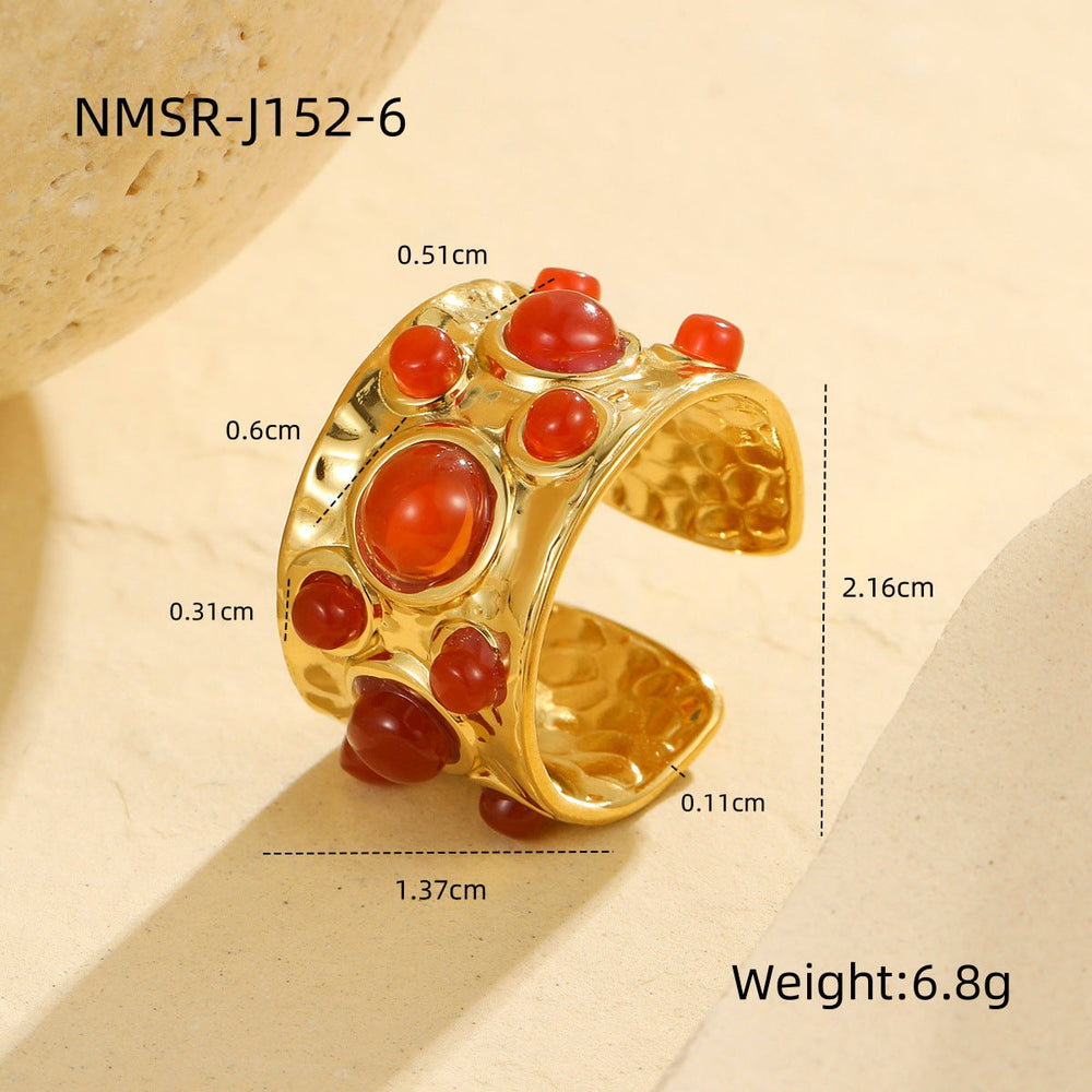 French Royal Multi Gem Open Ring Retro Mid Ancient Special Interest Design Stainless Steel Non Fading