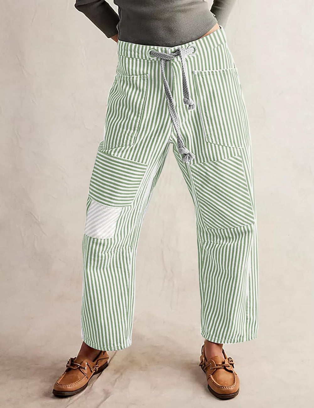Mid Waist Office Casual Loose Wide Leg Striped Stitching Drawstring Pocket Trousers
