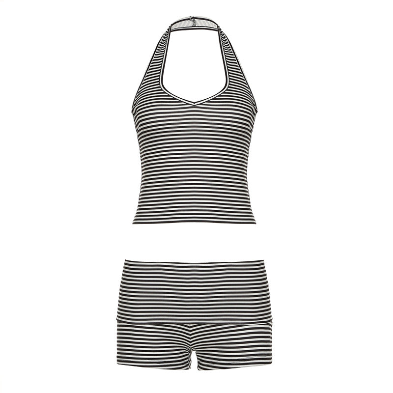 Street Sports Casual Black White Striped Halterneck Vest Flanging Shorts Summer Two Piece Sets