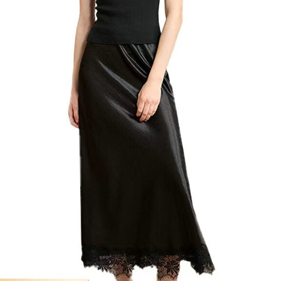 Western Lace Stitching Silk Skirt Spring Draping Glossy A line Midi Skirt Women
