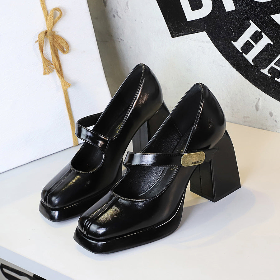 Retro High Heels Women Shoes Chunky Heel High Heel Waterproof Platform Metal Buckle Ankle Strap Shoes