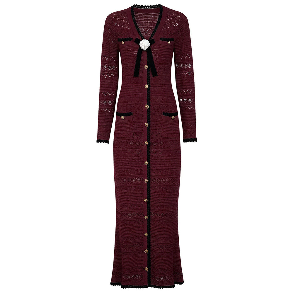 Spring Autumn Fashionable Knitted V neck Floral Slim Fit Slimming Long Sleeves Dress Women