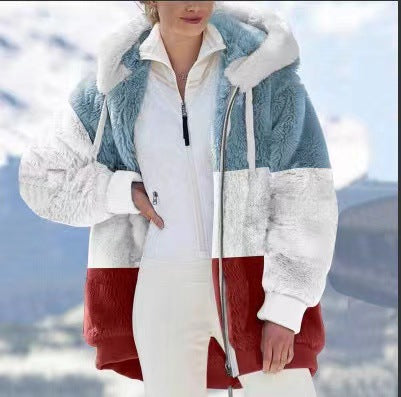 Autumn Winter Warm Plush Patchwork Zipper Pocket Hooded Loose Coat Women