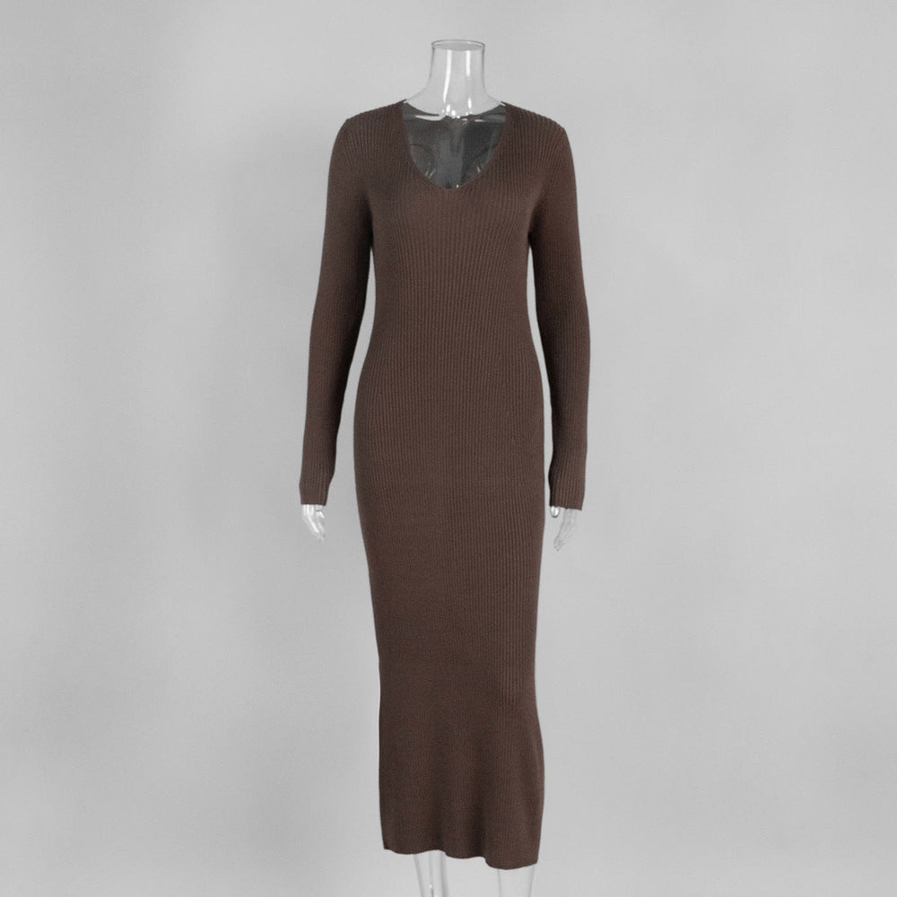 Solid Color Long Sleeve Dress Women Autumn Winter Elegant V neck Slim Hip Knitwear Dress