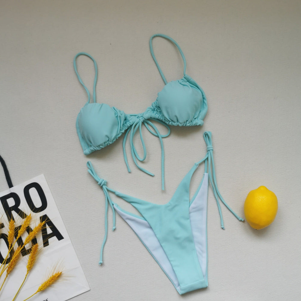 Sling Bandage Swimsuit Women Pleated Push up Drawstring Sexy Solid Color Bikini Swimsuit