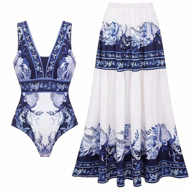 Sexy V neck Printed Swimsuit Women's Vacation Beach Two Piece Sets