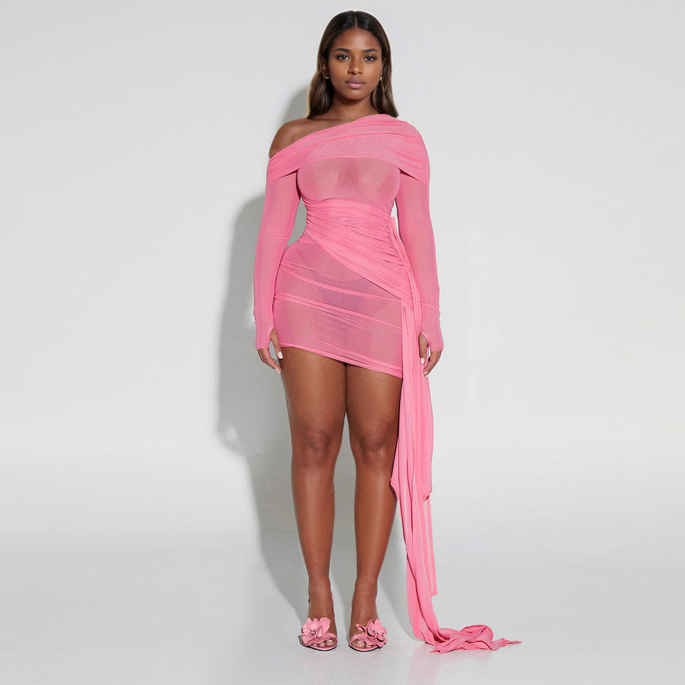 Spring Summer Women Wear Off Neck Design Sexy Pleated Dress Dopamine Sexy