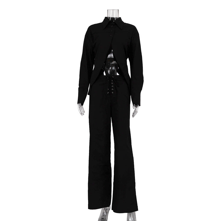Women Collared Long Sleeves Cropped Design White Shirt Hollow Out Cutout out Tied Wide Leg Pants Two Piece Set