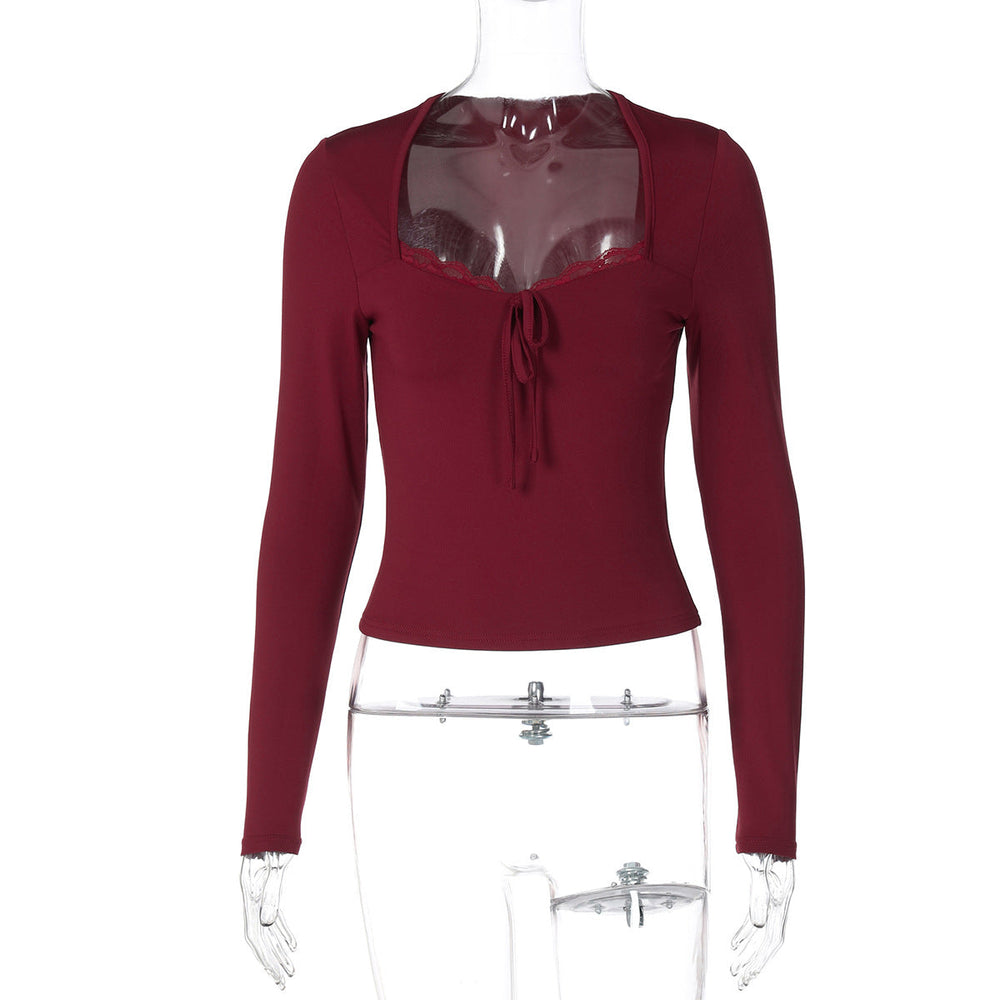 Women Clothing Lace Bottoming Shirt Women Autumn Sexy Skinny Slimming Top