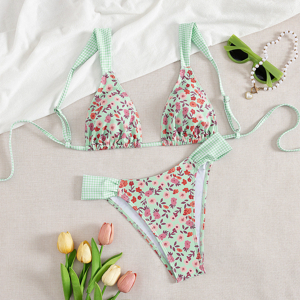 Split Printed Swimsuit Ladies Belt Chest Pad Sexy Bikini Floral Bikini Swimsuit
