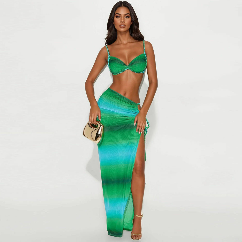 Summer Sexy Beach Vacation Swimsuit Woven Halter Top Top Split Skirt Set