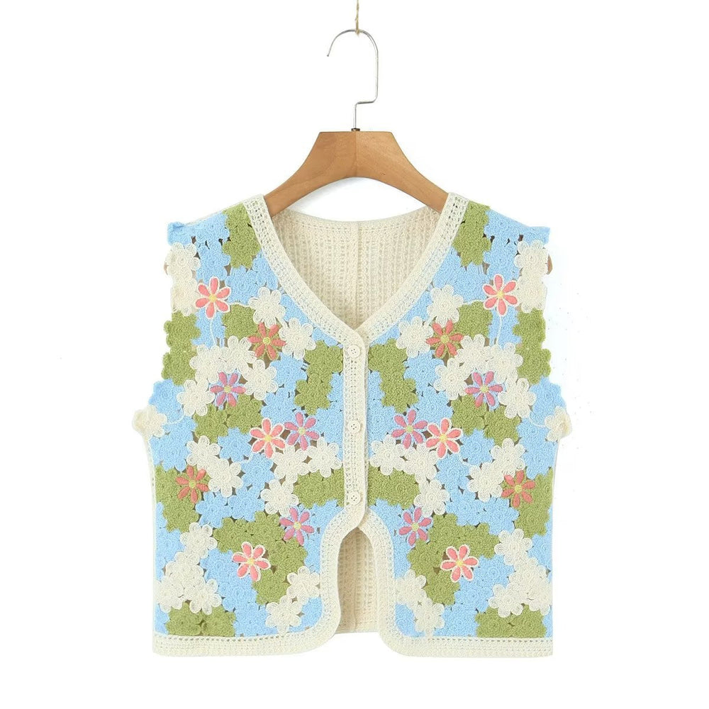 Women Retro Thailand Holiday Floral Vest Cardigan Top Casual All Matching Graceful