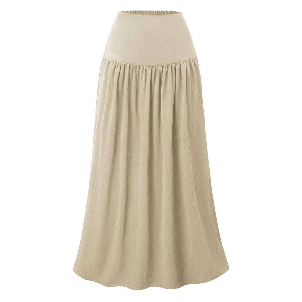 Women Cotton Pocket Skirt High Waist Back Elastic Dress Loose Pleated Large Swing Skirt