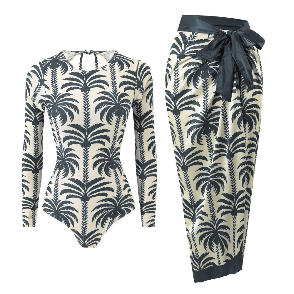 Model Bikinyamasun Coconut Print Long Sleeved Sun Protection Beach Two Piece Sets Conservative Swimsuit