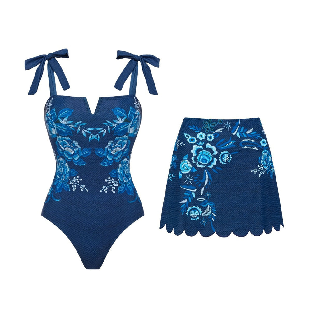 Swimsuit Blue Color Printed Vacation Swimsuit Women Skirt