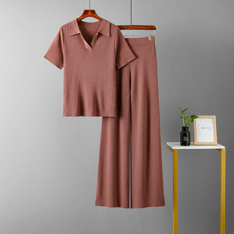 Women Clothing Polo Collar Pullover Short Sleeve Top Slimming Solid Color Wide Leg Trousers Knitted Suit
