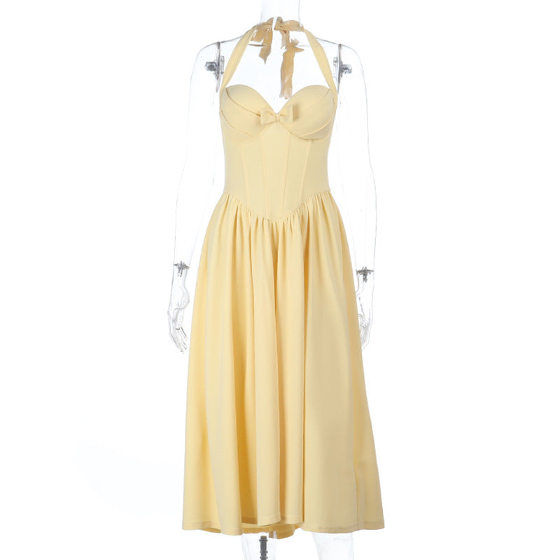 Halter Bow Waist Slimming Chest A line Dress Women Evening Maxi Dress