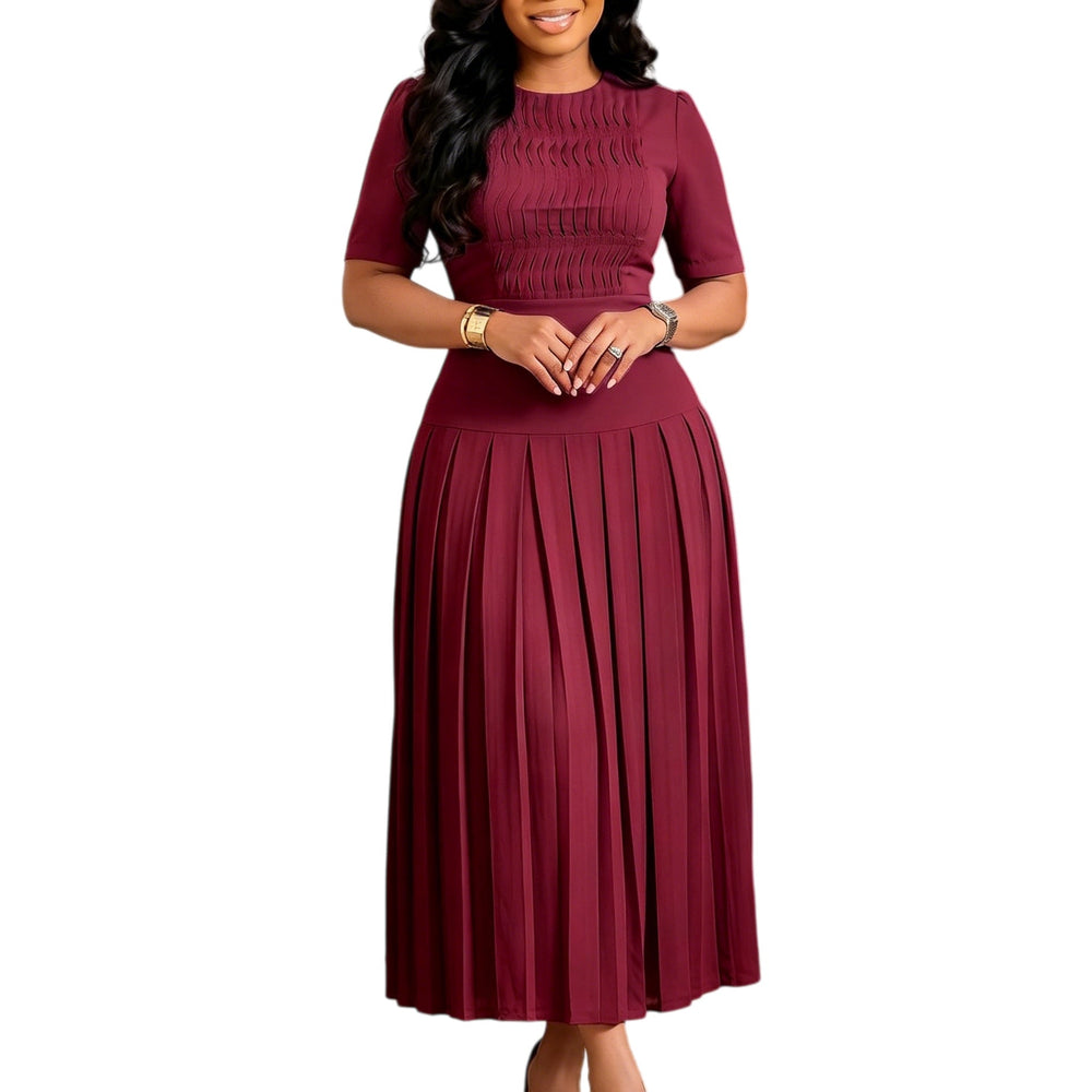 Women Clothing Pleated round Neck Stitching Pleated Dress