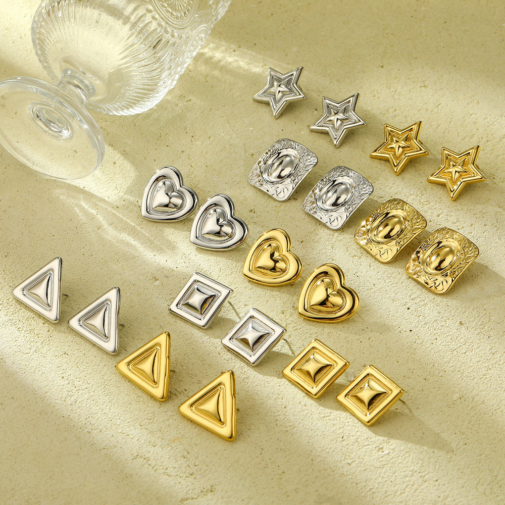 Light Extravagant Love Heart Geometric Abstract Square Titanium Steel Earrings Back Shaped Five Pointed Star High Grade Stainless Steel Earrings