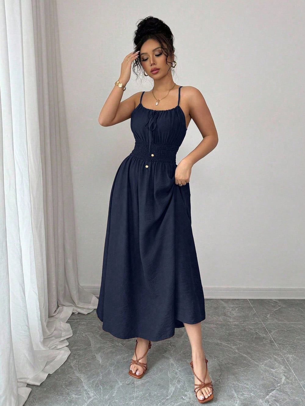 Design Tube Top Sleeveless Pleated Waist Solid Color Suspender Women Dress