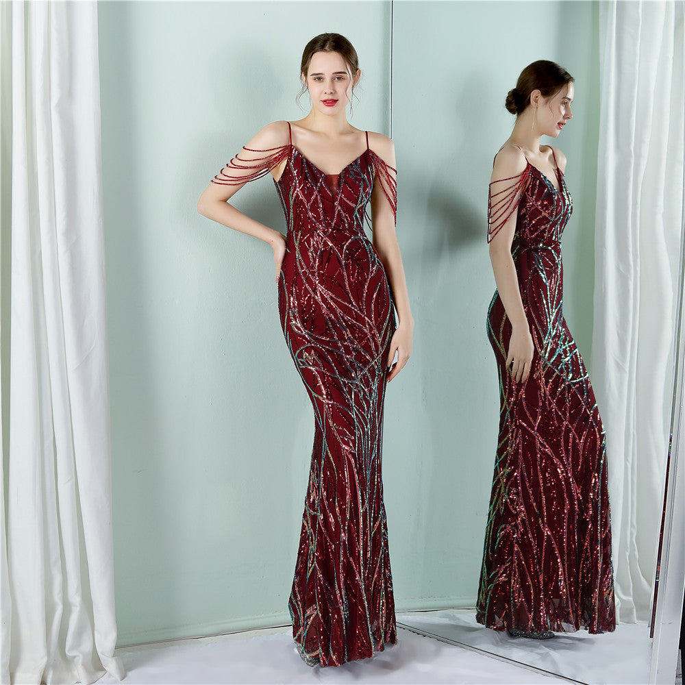 Sling Sequin Toast Dress Bride Long Appreciation Dinner Slim-Fit Fishtail Wedding Car Model Exhibition Dress