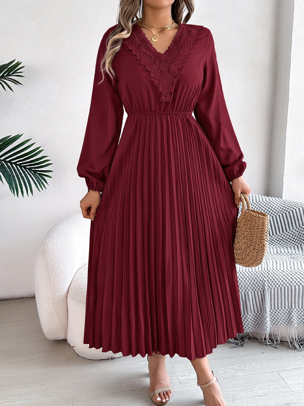 Spring Summer Elegant V neck Lace Cinched Pleated Maxi Dress Women Clothing