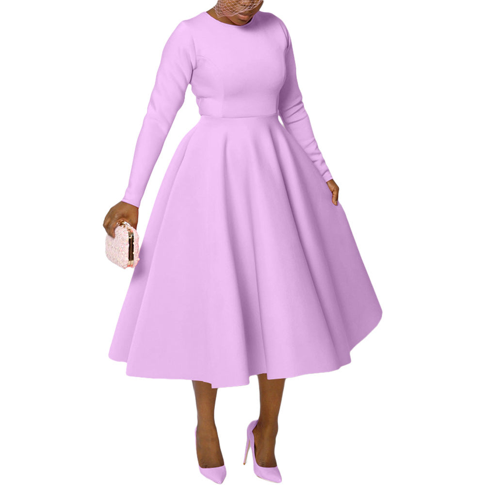Women Clothing Solid Color round Neck Long Sleeve Flat Part of Knife Large Swing Dress