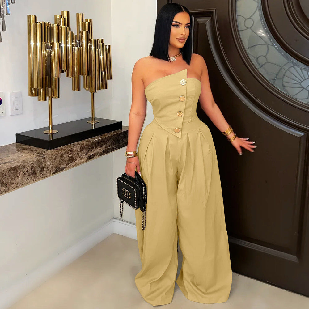 Women Wear Sexy Tube Top Sleeveless Metal Button Wide Leg Jumpsuit