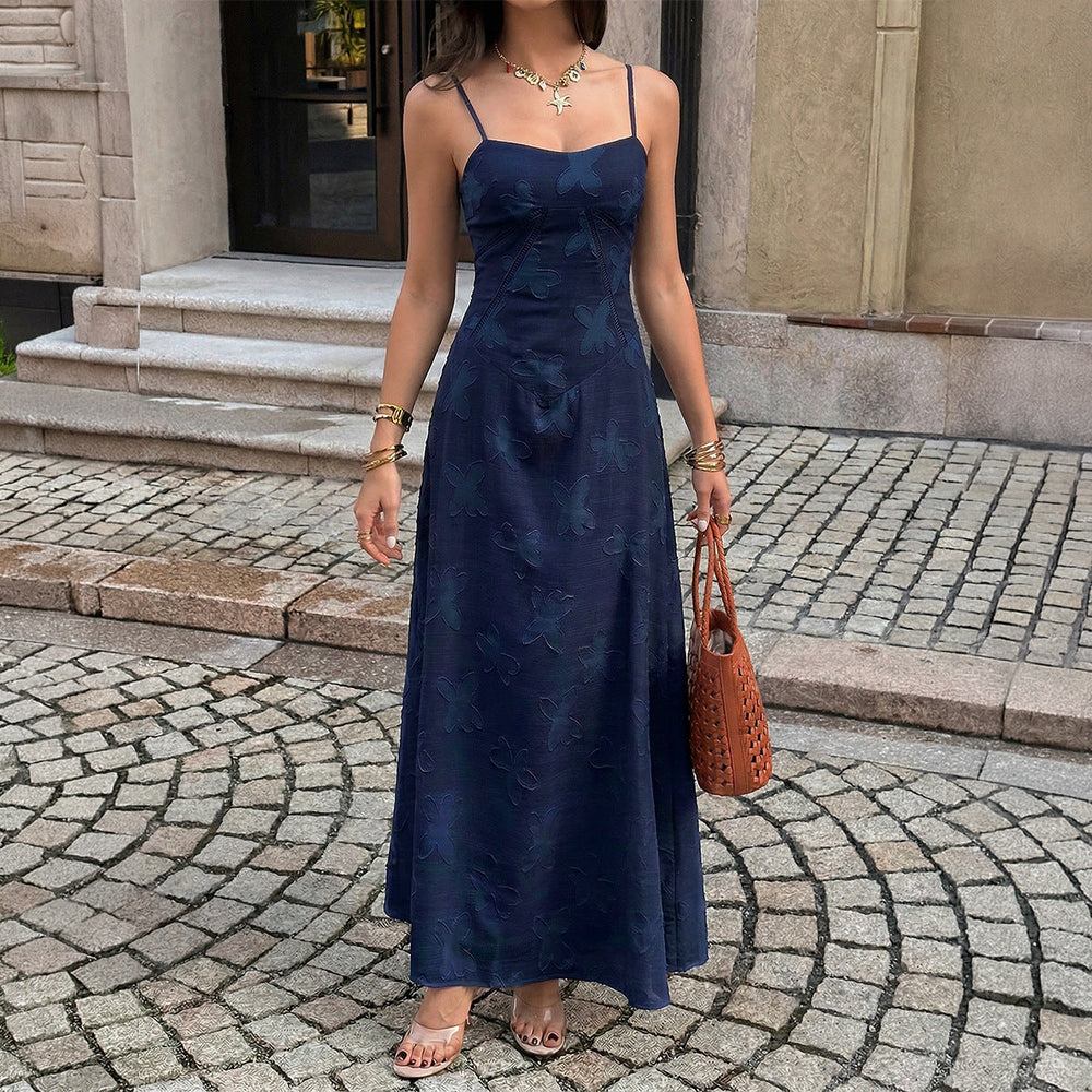 Women Clothing Summer French Vacation Jacquard Strap Waist Dress