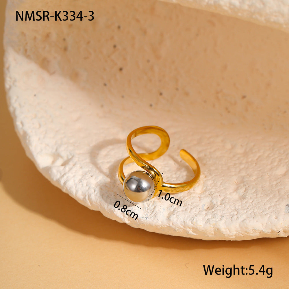 Stainless Steel Gold Silver Color Matching round Beads Design Open Ring Cold Personality Titanium Steel Hand Jewelry