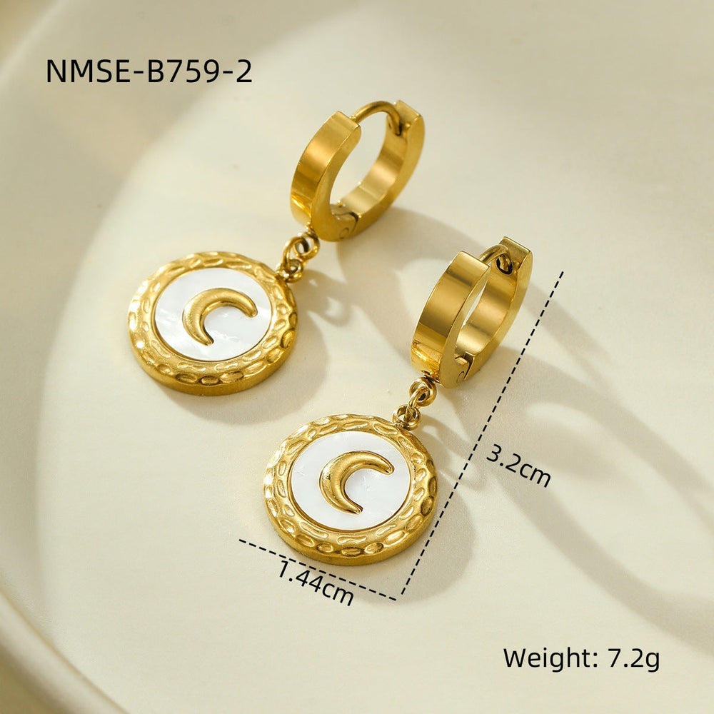 18K Stainless Steel Shell Moon Necklace Niche Retro Easy Matching Embellished Titanium Steel Necklace Earrings