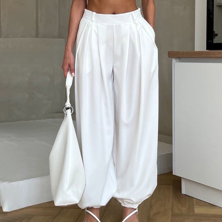 Women Clothing Simple All Match Loose Fit Tappered Trousers Pleated High Waist White Casual Pants