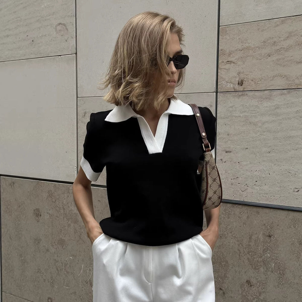 Short Sleeved Knitwear Summer Office Polo Collar Contrast Color Slim Fit Knitted Top