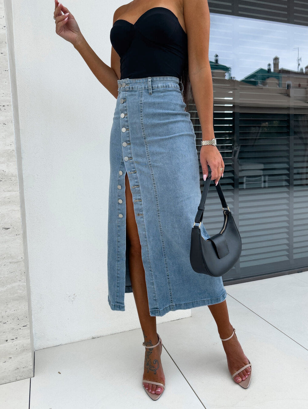 Women Clothing Button Irregular Asymmetric Slit Half Denim Skirt High Waist Sexy Slim Hip Skirt