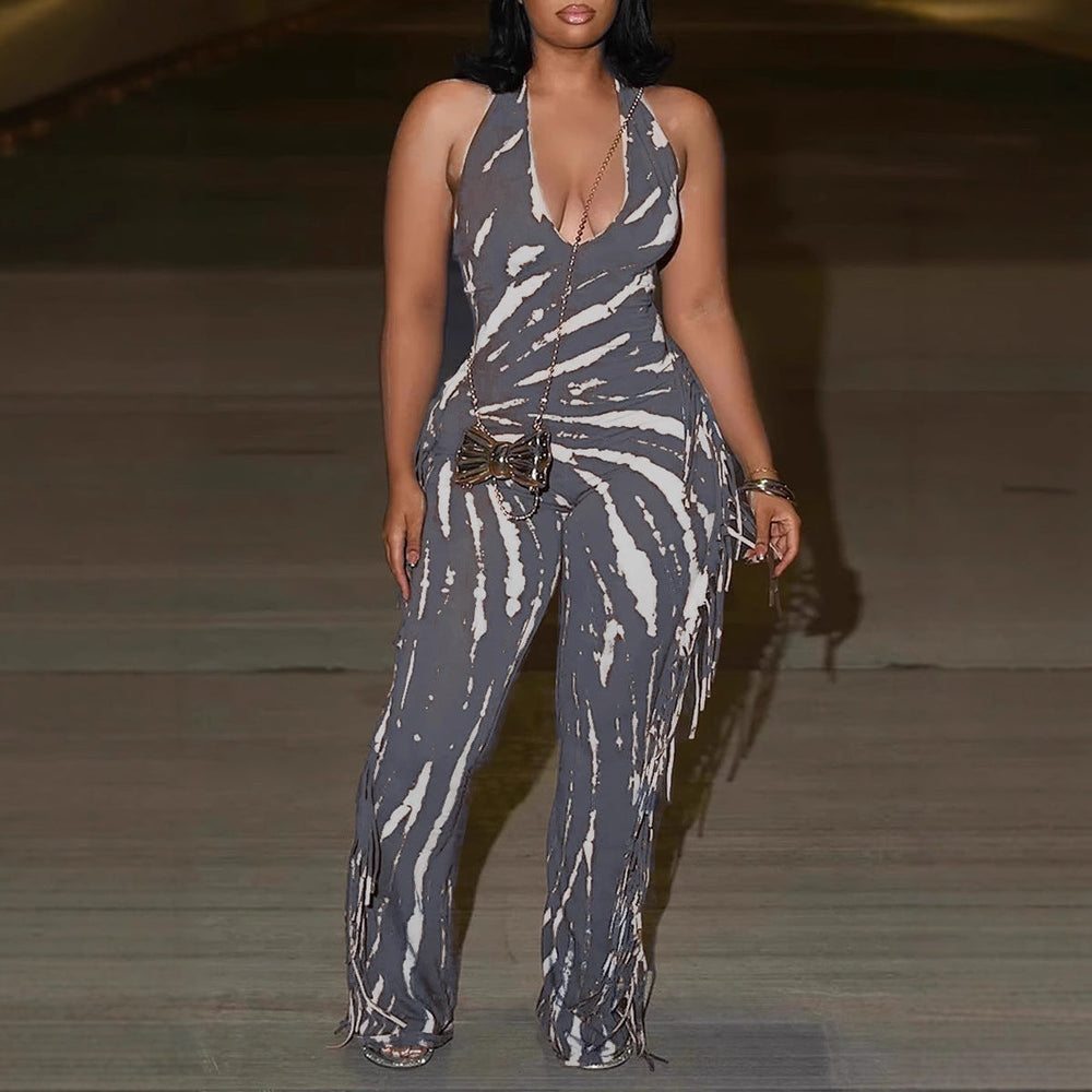 Elegant Sexy Slim Fit Stretch Backless Tassel Printed Halter Strap Micro Pull Jumpsuit