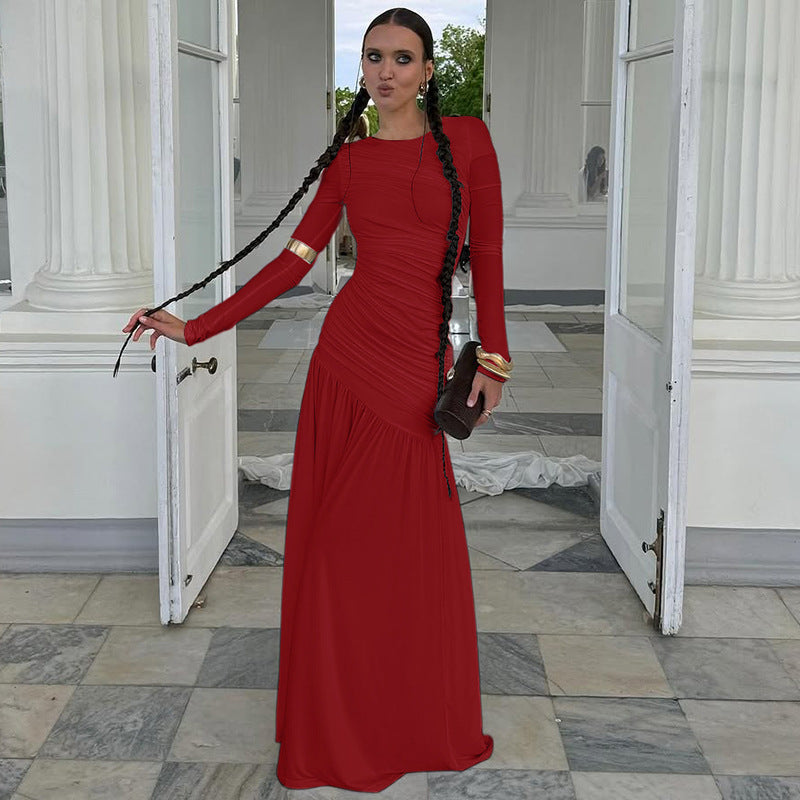 Best Seller in Women Clothing Summer Slim Fit Pleated round Neck Long Sleeved Dress Women