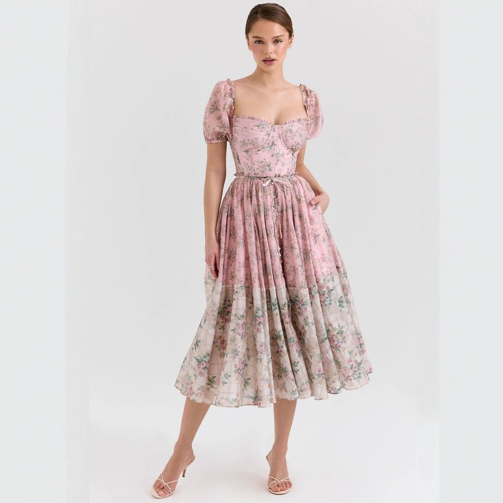 Bubble Sleeve Women Floral Floral Print Pleated Women Dress