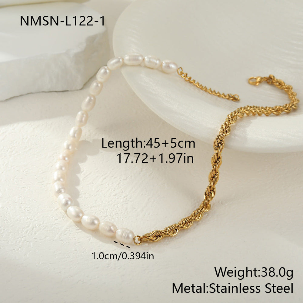 Elegant Natural Freshwater Pearl Necklace Stainless Steel Bracelet Plated 18K Gold Hand Ornament