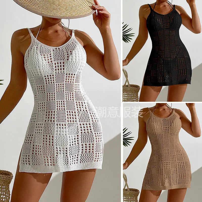 Vacation Women Clothing Short Chic round Neck Plaid Texture Hollow Out Cutout out See through Camisole Sexy Short Dress Crochet hook