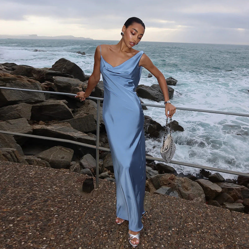 Sling Pockets Collar Sexy Backless Satin Formal Dress Elegant Evening Dress