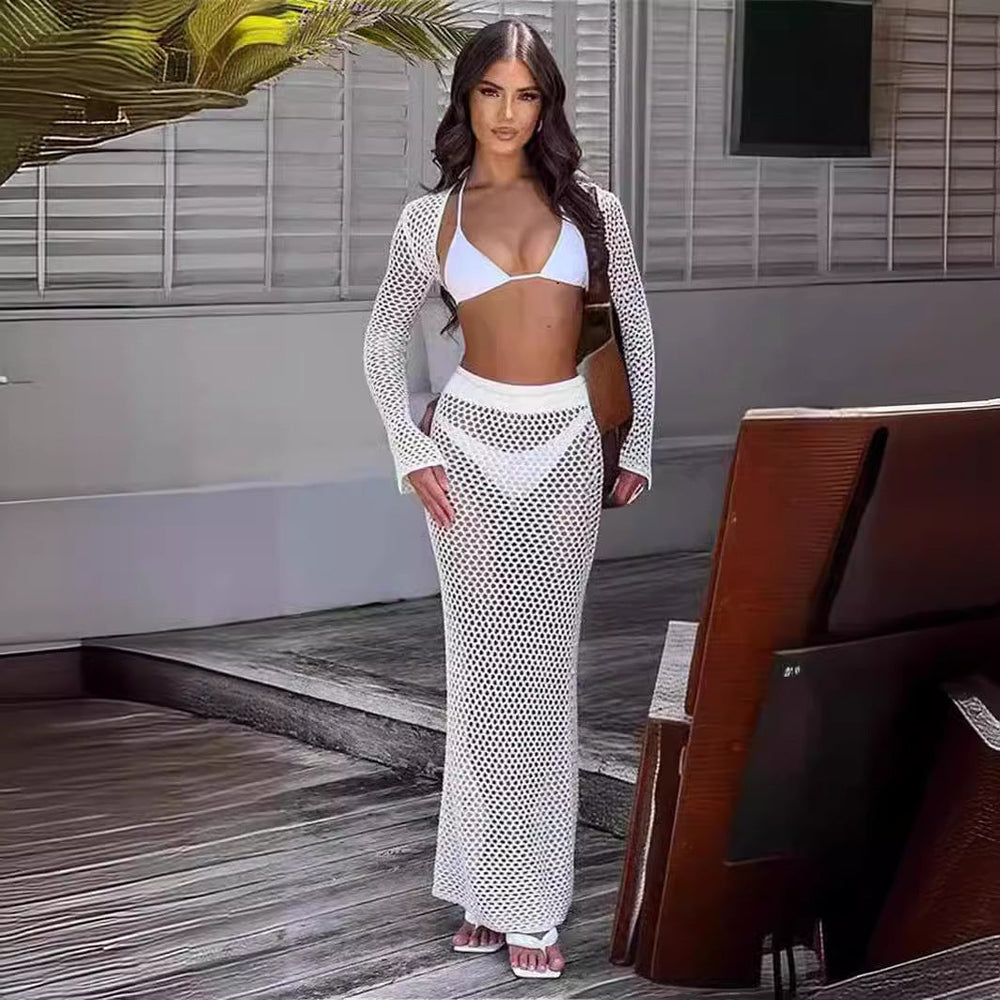Summer Beach Skirt Set Sexy Cutout Knitting Bikini Swimsuit Blouse Sun Protective Clothing Women