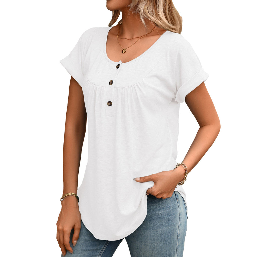 Summer Solid Color round Neck Button Loose Short Sleeve T shirt Top Women