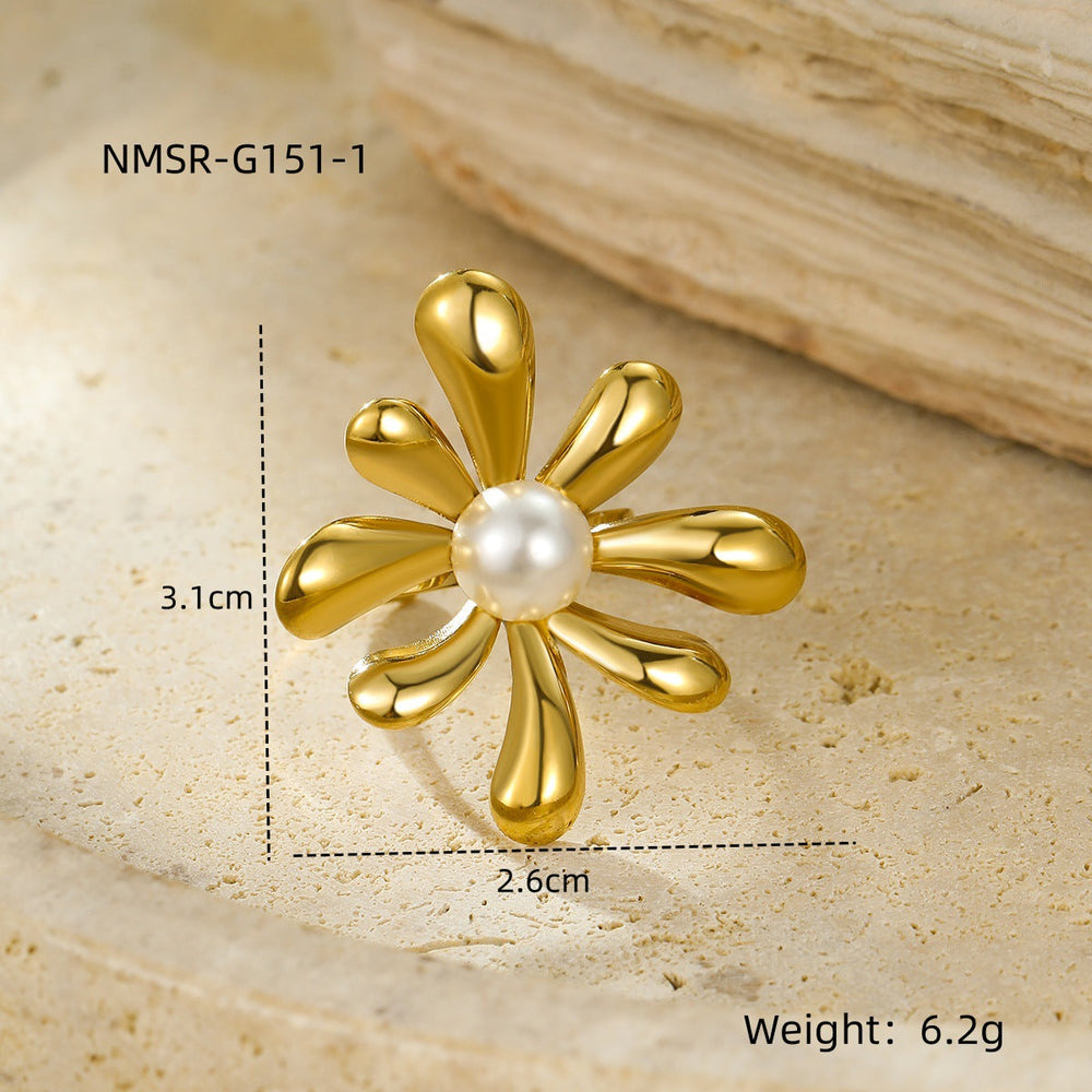Irregular Asymmetric Petals Trendy Stainless Steel Open Ring Light Luxury High Sense Ring Women