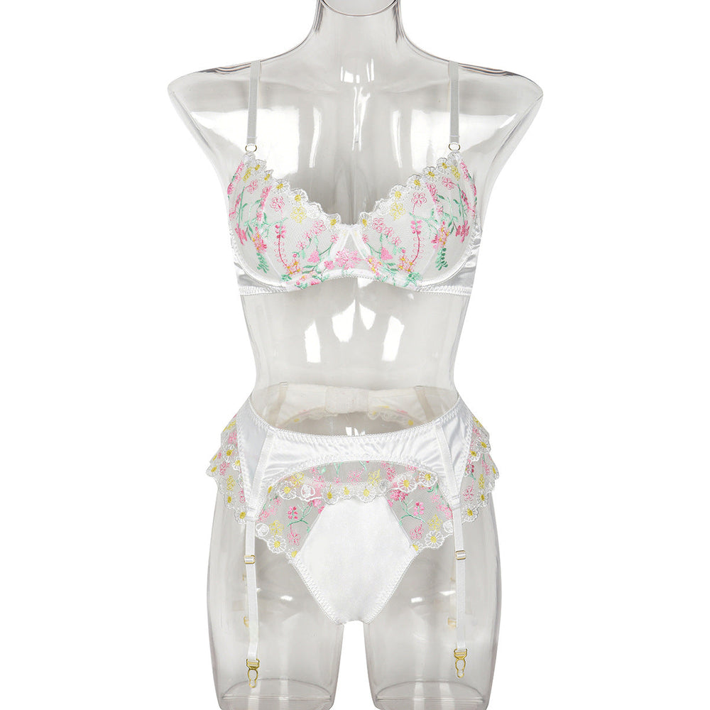 Women Clothing Sexy Lingerie Exquisite Embroidered Floral Stitching Satin Fresh Sweet Three Piece Set