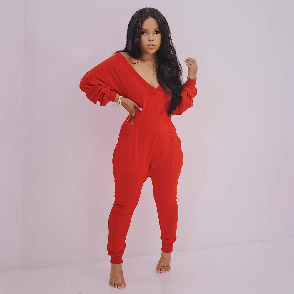 Women Clothing V neck Jumpsuit Sexy Sweatshirt Jumpsuit Long Sleeve Autumn Winter Pajamas