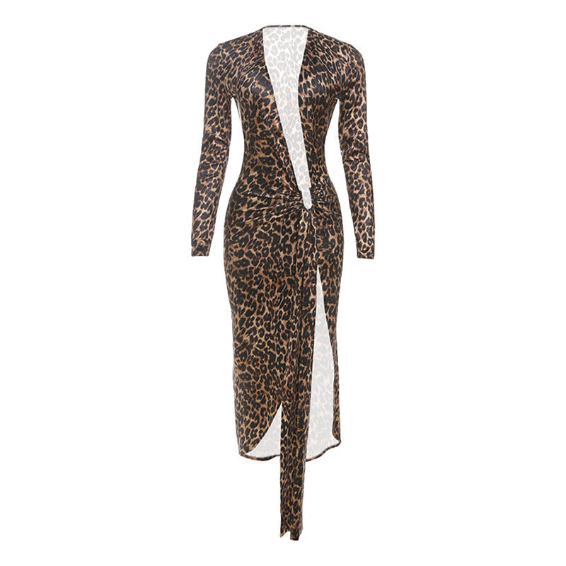 Summer Women Sexy Leopard Print Deep V Plunge Split Pleated Waist Tight Long Sleeve Dress