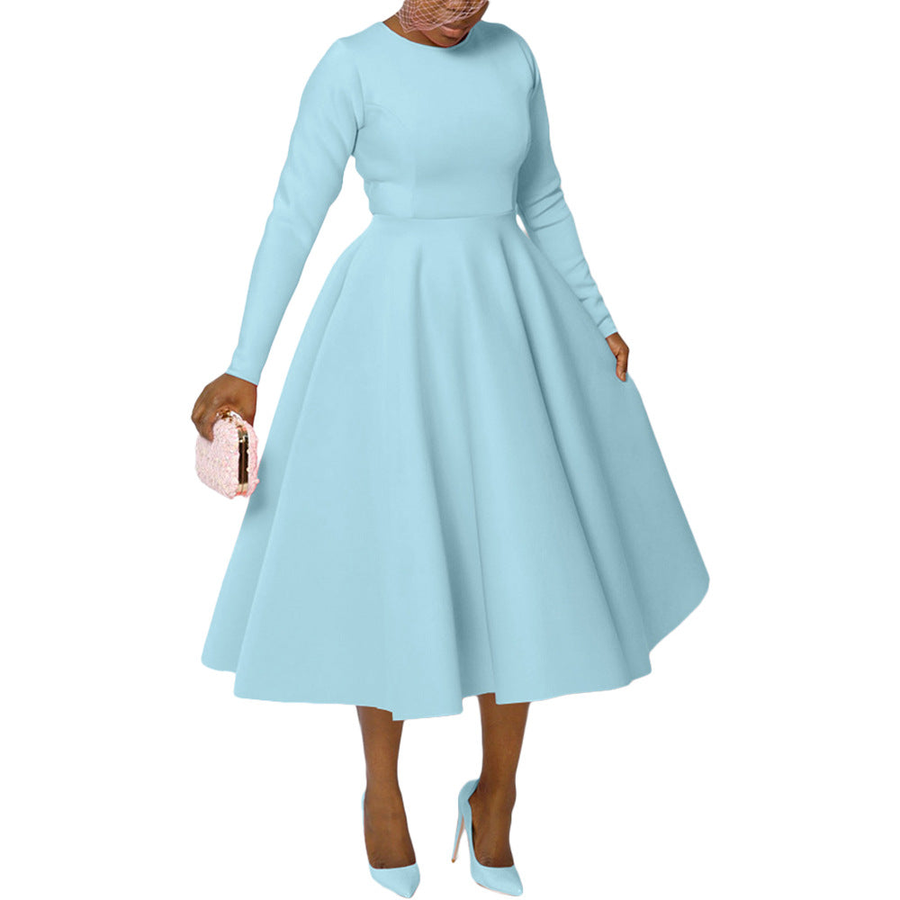 Women Clothing Solid Color round Neck Long Sleeve Flat Part of Knife Large Swing Dress