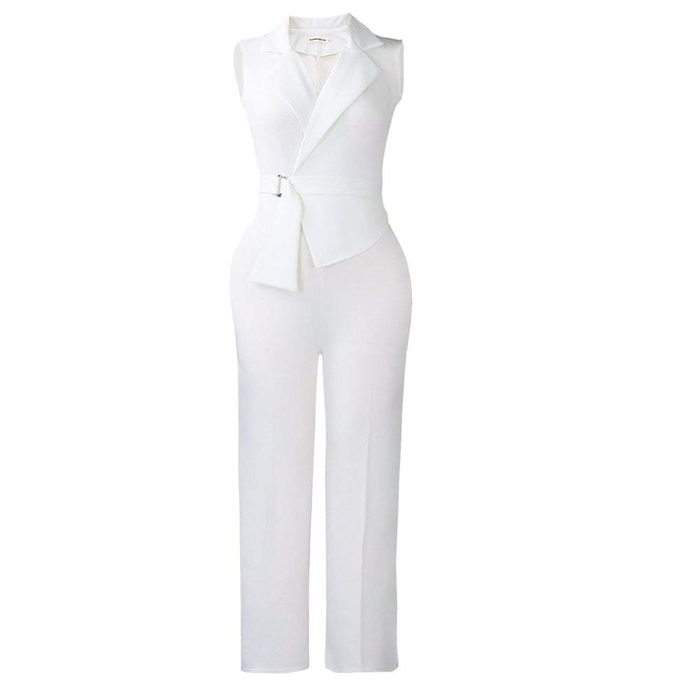 Summer Solid Color Sleeveless Collar Lace up Wide Leg Pants Jumpsuit
