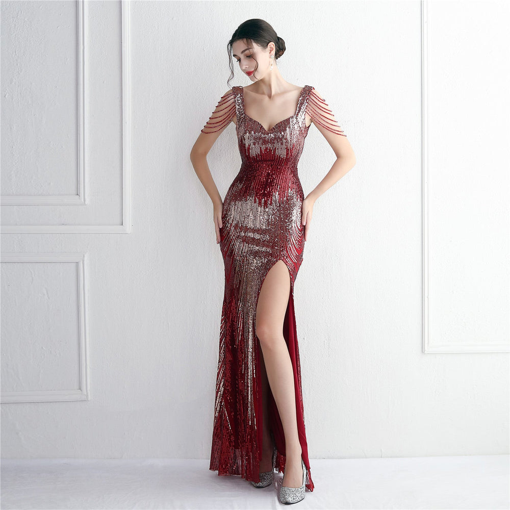 Craft Beaded Positioning Floral Sequin Party Dress Cocktail Slim Fit Evening Dress Elegant