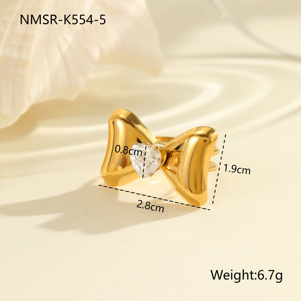 Bowknot Zircon Titanium Steel Ring 18K Gold Plating Open Ring Hand Jewelry